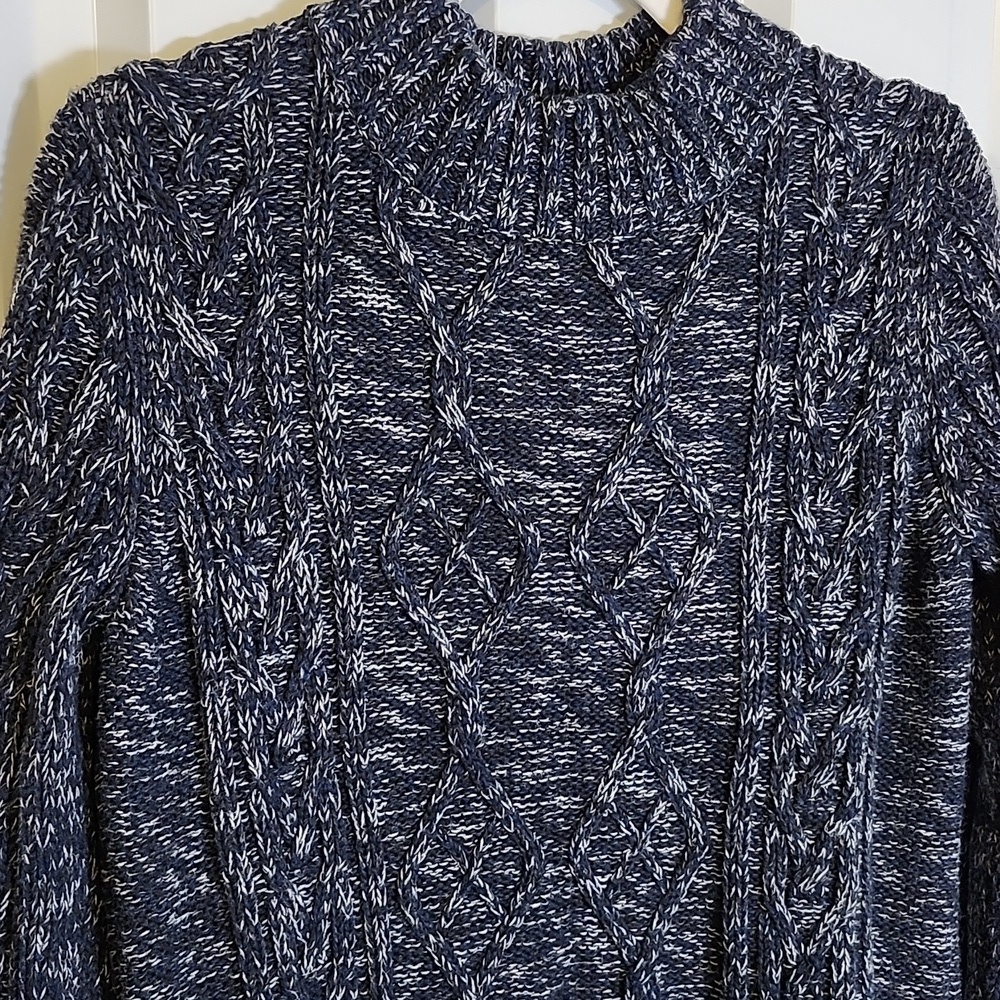 Overland Cableknit Fisherman Chunky Blue White Knit Sweater Size Medium Cotton - Picture 2 of 9